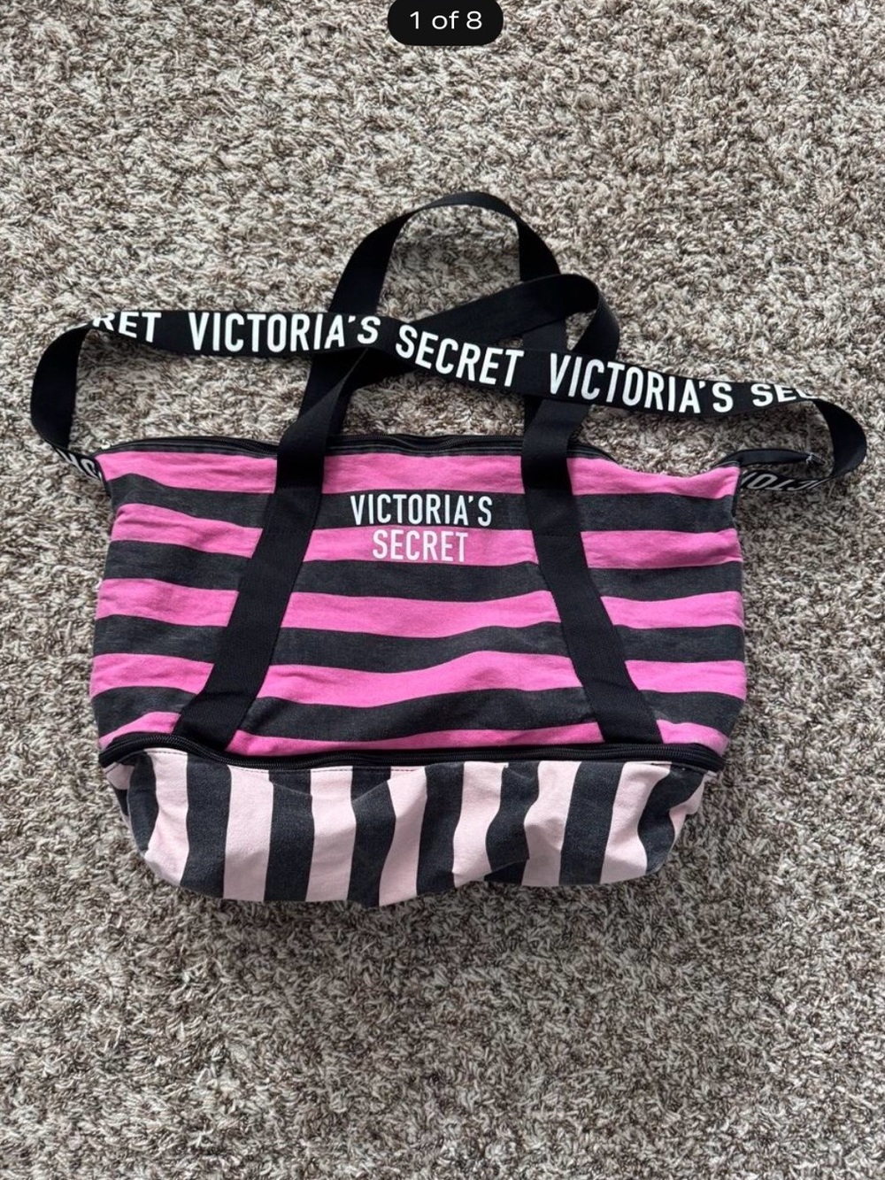 Victoria's Secret Pink and Black Striped Canvas Tote with Logo Strap